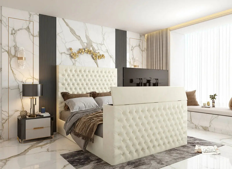 Chelsea Upholstered Soft Velvet Phonematic Tv Bespoke Bed Frame FI INTERIORS