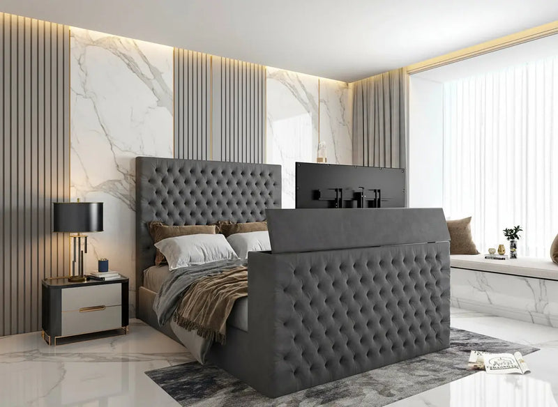 Chelsea Upholstered Soft Velvet Phonematic Tv Bespoke Bed Frame FI INTERIORS