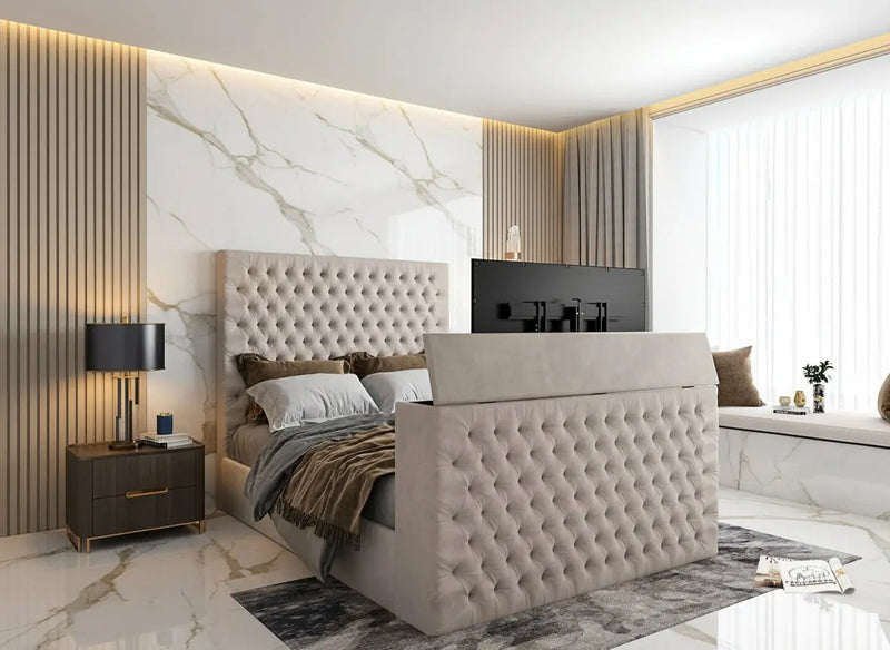 Chelsea Upholstered Soft Velvet Phonematic Tv Bespoke Bed Frame FI INTERIORS