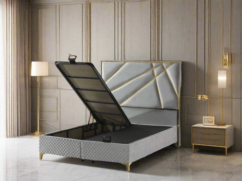 Helix Divan Bed & Mattress Set Double Silver Velvet & Gold