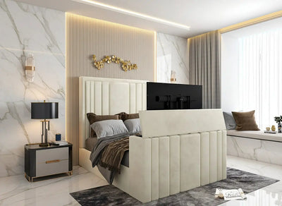 Riva Upholstered Soft Velvet Phonematic Tv Bespoke Bed Frame FI INTERIORS