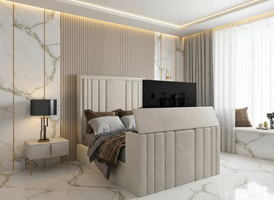 Riva Upholstered Soft Velvet Phonematic Tv Bespoke Bed Frame FI INTERIORS