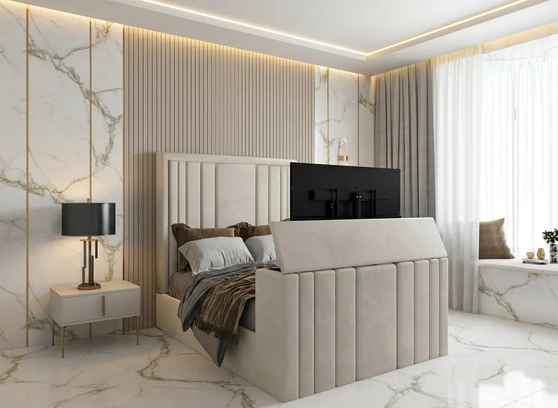 Riva Upholstered Soft Velvet Phonematic Tv Bespoke Bed Frame FI INTERIORS