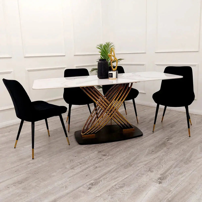 Orion Gold 1.8m Dining Table with Luna Black Velvet Dining Chairs – Polar White Sintered Stone Top F I INTERIORS