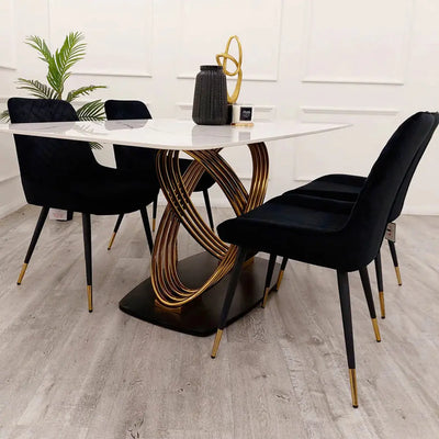 Orion Gold 1.8m Dining Table with Luna Black Velvet Dining Chairs – Polar White Sintered Stone Top F I INTERIORS