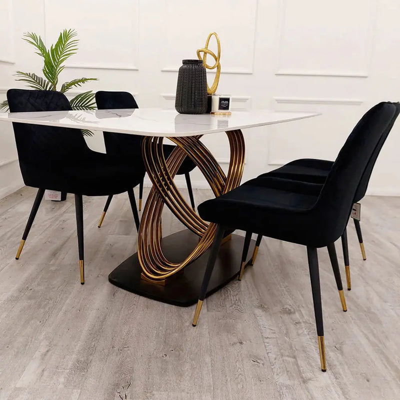 Orion Gold 1.8m Dining Table with Luna Black Velvet Dining Chairs – Polar White Sintered Stone Top F I INTERIORS