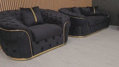 Ambassador 3+2+1 Seater Sofa Set – Black Velvet with Gold Detailing | Luxury Modern Living
