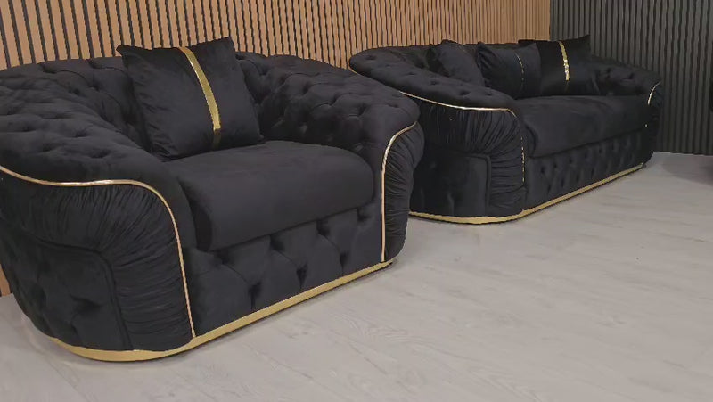 Ambassador 3+2+1 Seater Sofa Set – Black Velvet with Gold Detailing | Luxury Modern Living