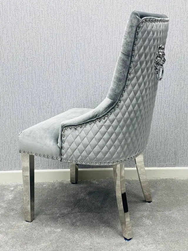 California Grey Marble Dining Table + Majestic Grey Velvet Dining Chairs – Modern Luxury Dining Set ASR