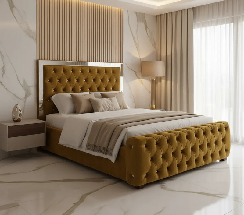 Ambassador Mirrored Bed in Plush Velvet – Bespoke Handcrafted Statement Design FIL