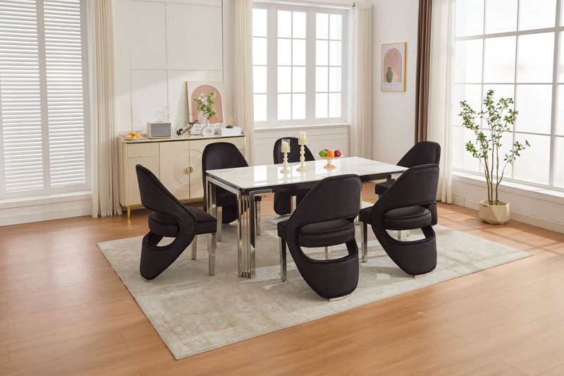 Santorini Sintered Stone Dining Table with Chrome Legs & Black Shimmer Fabric Chairs