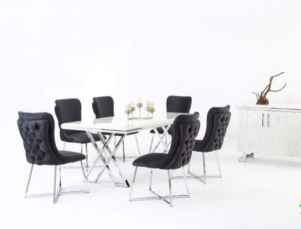 Luna Dining Table Set In Black With Chrome Legs + 4 Dining Chairs