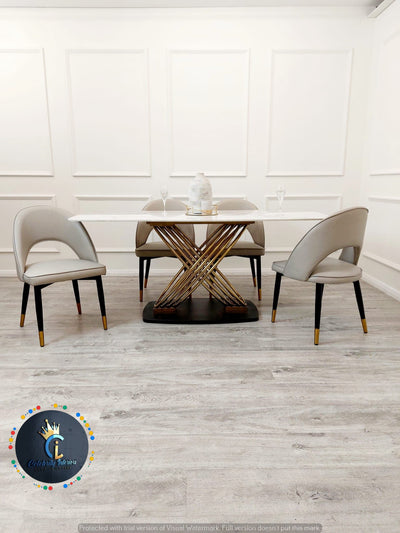 Orion Gold 1.8 Polar White Sintered Stone Top + Astra Leather Dining Chair