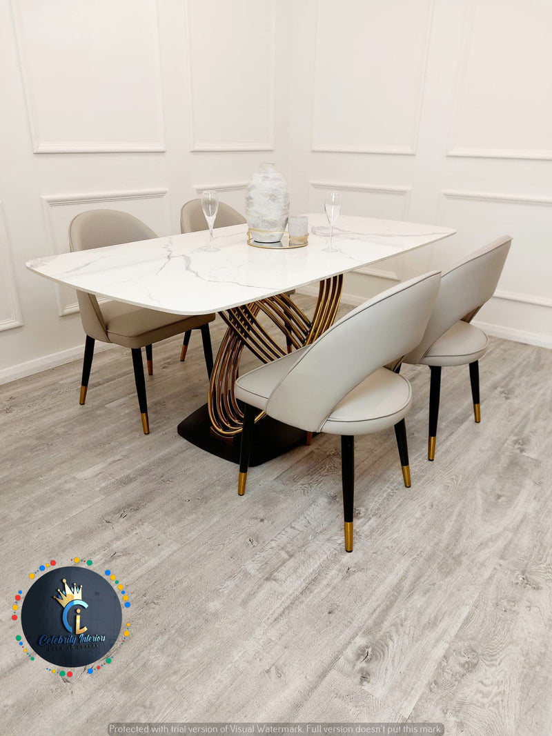 Orion Gold 1.8 Polar White Sintered Stone Top + Astra Leather Dining Chair