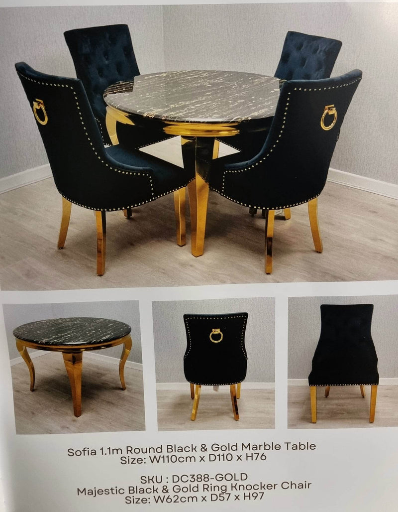 Sofia Black & Gold Round Marble Table + Majestic Dining Chairs