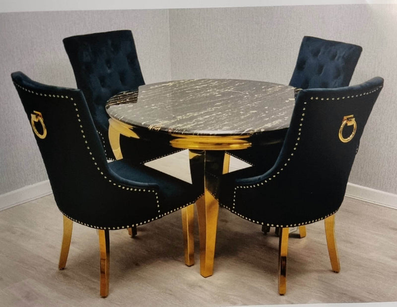 Sofia Black & Gold Round Marble Table + Majestic Dining Chairs