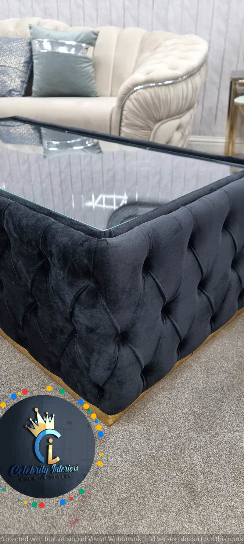 120cm x 60cm CHESTERFIELD UPHOLSTERED FOOTSTOOL/COFFEE TABLE WITH GLASS