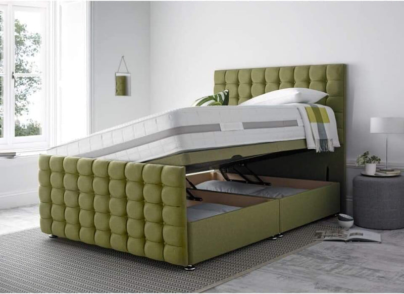 Cubed style ottoman gaslift bed in plush velvet