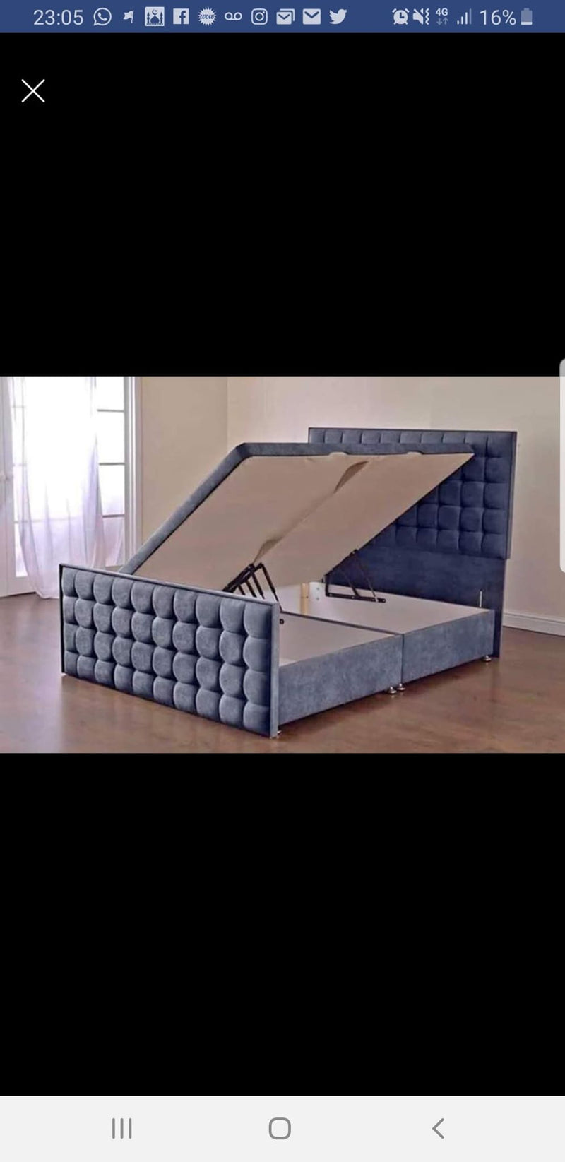 Cubed style ottoman gaslift bed in plush velvet