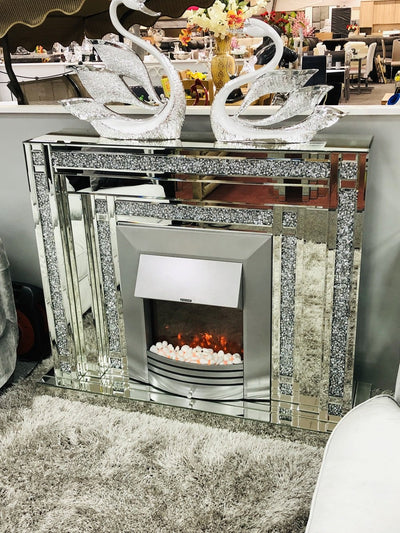 Lucy Crushed Diamond Mirrored Fire Place - Furniture Imports LTD