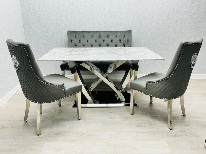 California Grey Marble Dining Table + Majestic Dining Chairs