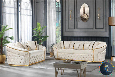 Ambassador 3+2 Seater In Cream 01 & Gold Plush Velvet