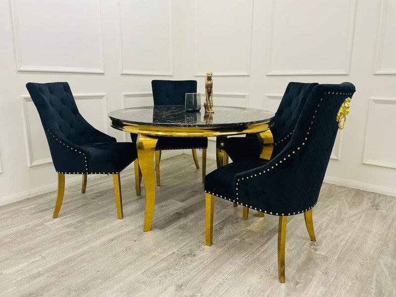 Louis Round Marble Dining Table With Gold Legs + 4 x Majestic Dining Chairs