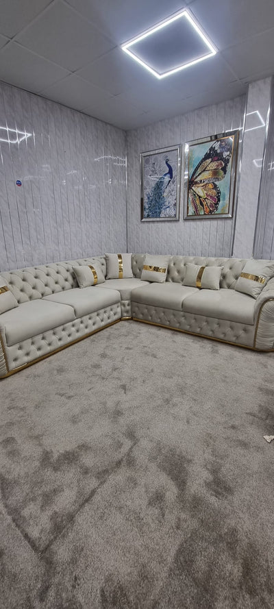 Ambassador Corner Sofa In Cream & Gold Plush Velvet - 270cm x 270cm