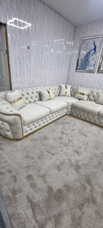 Ambassador Corner Sofa In Cream & Gold Plush Velvet - 270cm x 270cm