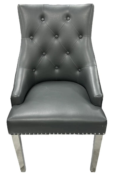 Lexi Chair Grey Leather & Chrome Legs - Lion Knocker