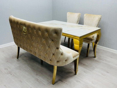 Victoria Velvet Dining Bench With Gold Pedestal