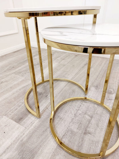 Cato Nest Of Tables White Marble & Gold Frame